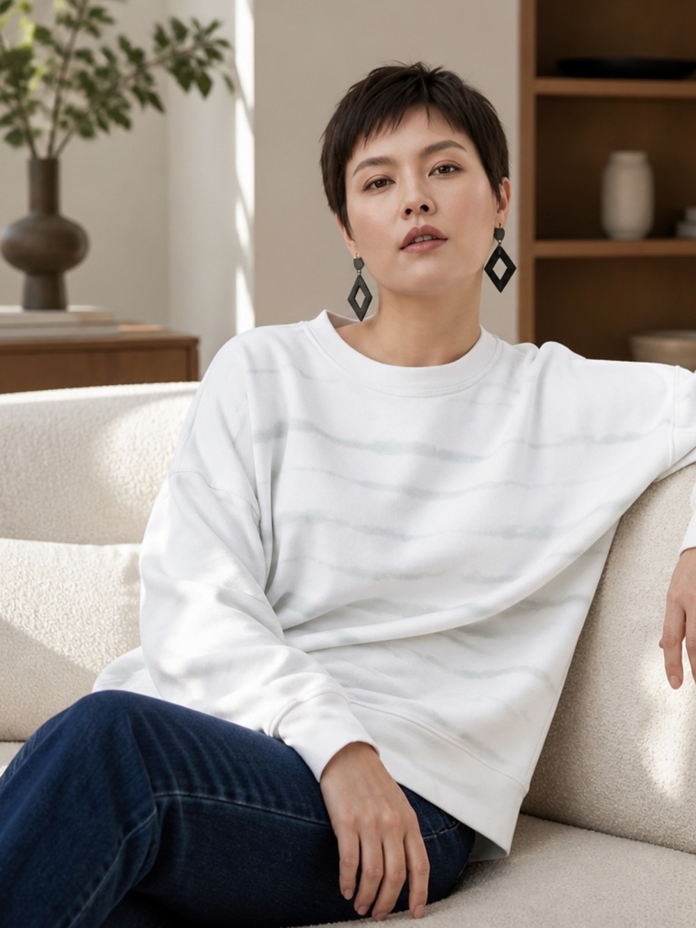 White And Gray Striped Oversized Sweatshirt Split Sides Casual Weekend Large